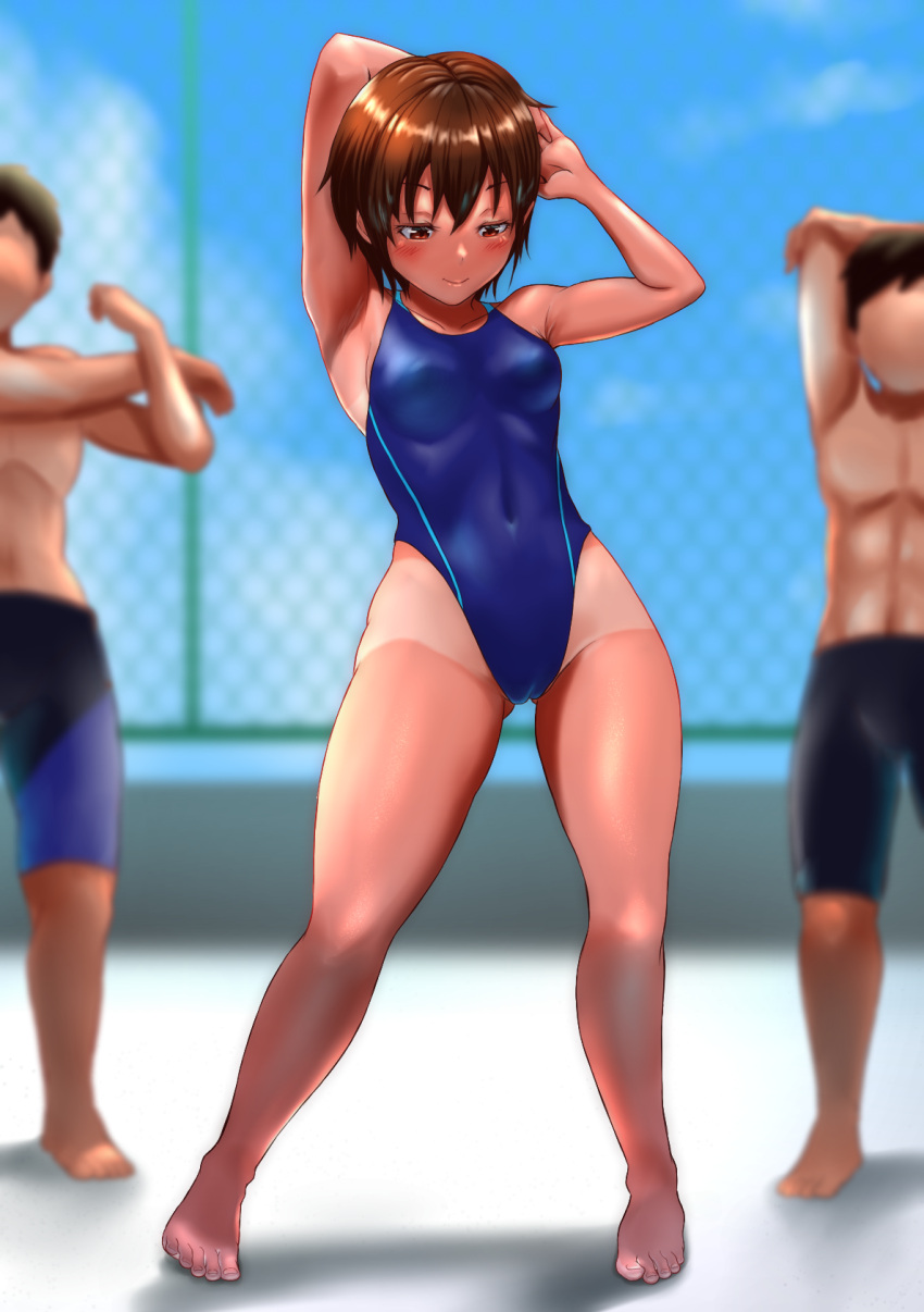 2boys arms_up barefoot blue_one-piece_swimsuit blue_sky blurry breasts brown_eyes brown_hair cloud commentary_request competition_swimsuit covered_navel dark-skinned_female dark_skin day depth_of_field faceless faceless_male female full_body highleg highleg_one-piece_swimsuit highres jammers male_swimwear multiple_boys one-piece_swimsuit original outdoors short_hair sky small_breasts solo_focus stretching swimsuit tan tanlines tomboy uriens