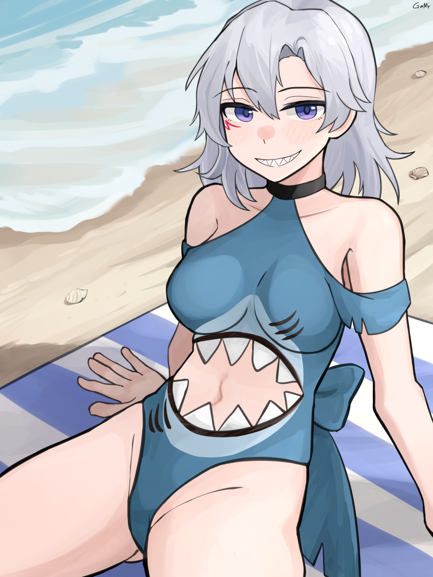 absurdres animal_costume beach beach_towel breasts female gamryous girls'_frontline grey_hair highleg highleg_leotard highres leotard navel one-piece_swimsuit purple_eyes shark_costume sharp_teeth sitting sl8_(girls'_frontline) solo swimsuit teeth towel