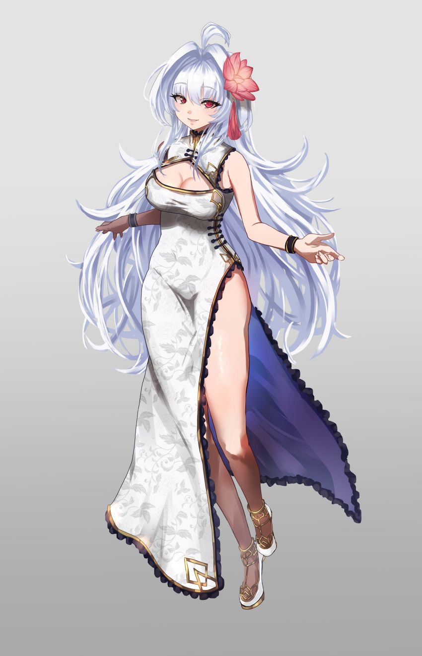 absurdres ahoge alternate_costume bracelet breasts china_dress chinese_clothes cleavage_cutout clothing_cutout dress fate/grand_order fate/prototype fate_(series) female flower hair_flower hair_ornament high_heels highres jewelry lady_avalon_(fate) long_hair looking_at_viewer lotus medium_breasts merlin_(fate/prototype) parted_lips red_eyes shibao_aoyama side_slit simple_background smile solo very_long_hair white_hair