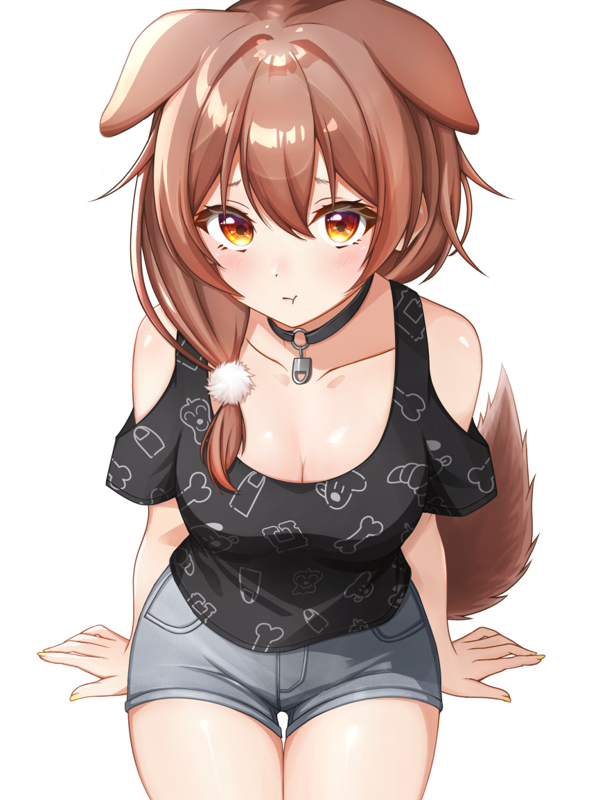 :t animal_ears animal_print bare_shoulders black_shirt blue_shorts blush bone_print breasts brown_eyes brown_hair choker cleavage clothing_cutout commentary_request denim denim_shorts dog_ears dog_print dog_tail double-parted_bangs extra_ears female hair_between_eyes hair_ornament hair_over_shoulder highres hololive inugami_korone inugami_korone_(loungewear) jewelry kamineko_(kamineko9675) large_breasts leaning_forward long_hair looking_at_viewer o-ring o-ring_choker off-shoulder_shirt off_shoulder official_alternate_costume official_alternate_hairstyle pendant pom_pom_(clothes) pom_pom_hair_ornament pout print_shirt shirt short_shorts shorts shoulder_cutout simple_background solo tail transparent_background variant_set virtual_youtuber