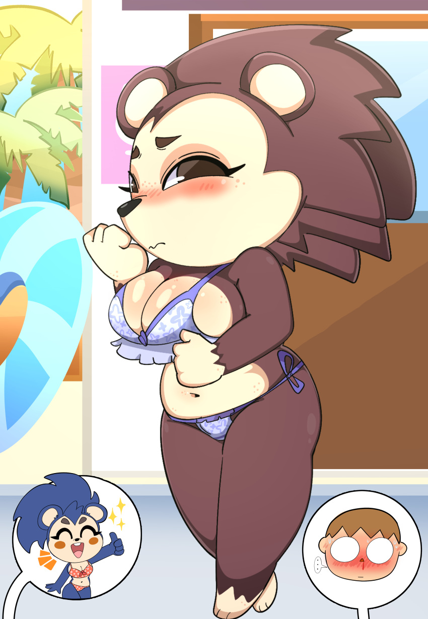 absurd_res animal_crossing anthro bikini blood blush blush_stickers bodily_fluids breasts cleavage clothed clothing embarrassed empty_eyes eulipotyphlan female freckles gesture group hand_gesture hedgehog hi_res human inflatable inner_tube mabel_able male mammal nintendo nosebleed onibi sable_able side-tie_bikini solo_focus sparkles string_bikini swimwear thick_thighs thumbs_up trio two-piece_swimsuit villager_(animal_crossing)