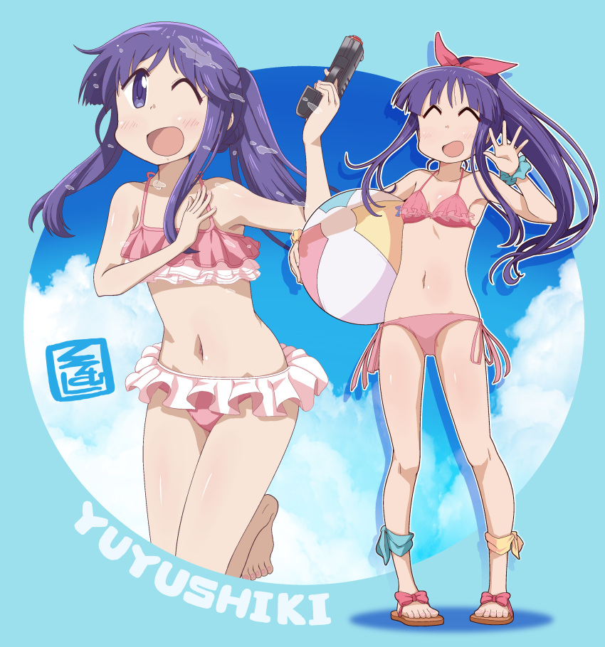 absurdres ball beachball bikini blue_sky breasts cloud commentary_request copyright_name cowboy_shot female frilled_bikini frills full_body hair_ribbon highres hinata_yukari ki_(adotadot) long_hair multiple_views open_mouth pink_bikini ponytail purple_eyes purple_hair ribbon sandals side-tie_bikini_bottom sky small_breasts swimsuit water_gun yuyushiki