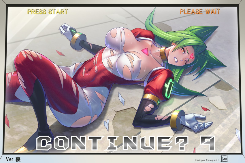 animal_ears bloody_roar bodysuit breasts cat_ears chest_markings cleavage clenched_teeth commentary_request commission continue covered_navel covered_nipples defeat english_text facial_mark female forehead_mark gameplay_mechanics green_hair highres large_breasts long_hair nonomura_uriko one_eye_closed orange_eyes parted_lips red_bodysuit skeb_commission solo teeth tomo_eokaiteru torn_bodysuit torn_clothes two-tone_bodysuit white_bodysuit