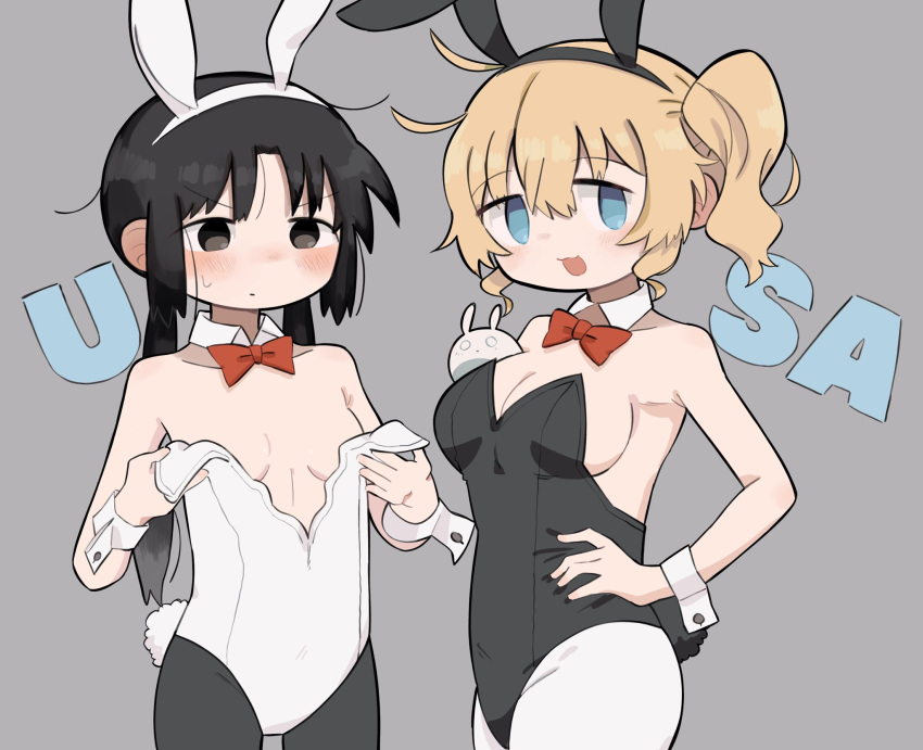 animal_ears black_eyes black_hair blonde_hair blue_eyes bow bowtie breasts chito_(shoujo_shuumatsu_ryokou) cleavage english_text highres loose_clothes nuko_(shoujo_shuumatsu_ryokou) playboy_bunny rabbit_ears rabbit_tail red_bow red_bowtie romaji_text shoujo_shuumatsu_ryokou tail text_background united_states yoyohachi yuuri_(shoujo_shuumatsu_ryokou)