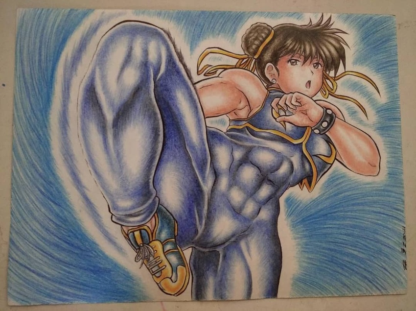 1girls abdominals abs armpits arms athletic athletic_female attack attacking big_breasts black_background black_bracelet blue_background blue_clothes bracelet breasts brown_eyes brown_hair capcom chun-li clothed clothed_female clothes energy female fight fighting fully_clothed human kick kicking light long_sleeve manga medium_hair muscles muscular muscular_arms muscular_female muscular_legs ornaments pants safe_for_work shoes shoulders shueisha skin solo solo_female street_fighter street_fighter_alpha_3 street_fighter_v traditional_art traditional_media yamidanight