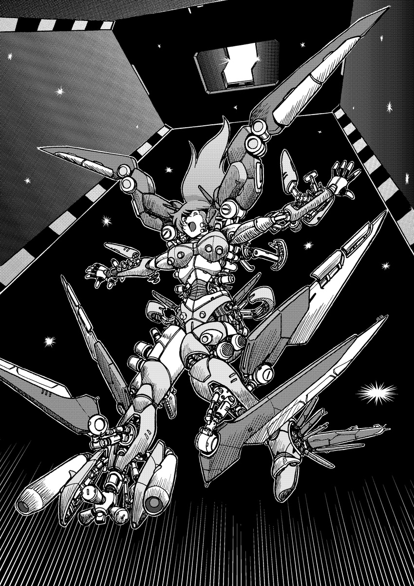 absurdres armor bodysuit breasts commentary_request cyborg female greyscale guardic_gaiden highres large_breasts long_hair mecha_musume mechanical_wings monochrome nagi_(yasasiihitogorosi) screentones solo system_d.p. thrusters wings