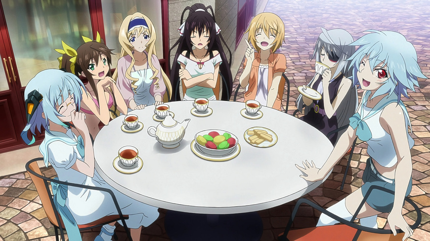 6+girls ;d anime_screenshot belt bikini bikini_top_only black_dress black_hair blonde_hair blue_hair blue_hairband breasts brown_hair cecilia_alcott charlotte_dunois cleavage closed_eyes collarbone crop_top crossed_arms dress drinking eyepatch glass green_eyes grey_hair grey_shorts hair_between_eyes hair_ribbon hairband head_rest headdress high_ponytail highres huang_lingyin index_finger_raised infinite_stratos laura_bodewig long_hair looking_at_viewer medium_breasts midriff multiple_girls navel non-web_source one_eye_closed open_mouth outdoors own_hands_together pink_bikini ponytail red_eyes ribbon sarashiki_kanzashi sarashiki_tatenashi shinonono_houki shirt short_hair shorts sitting sleeveless sleeveless_shirt smile socks standing stomach sundress swimsuit thighhighs twintails very_long_hair white_dress white_legwear white_ribbon white_shirt yellow_ribbon