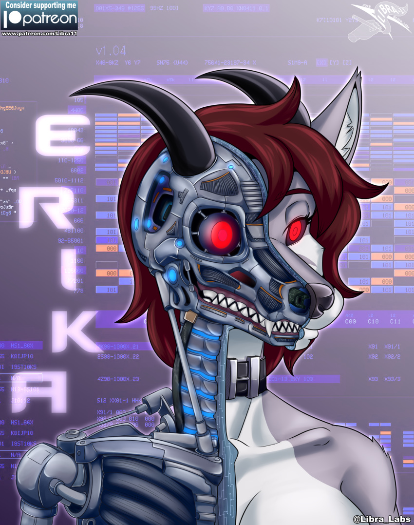 anatomy android bared_teeth bust_portrait canid canine collar countershading cross_section digital_media_(artwork) erika_(disambiguation) glowing glowing_eyes hair hi_res horn libra-11 machine mammal nude portrait programming red_eyes red_hair robot solo text text_background white_body white_countershading