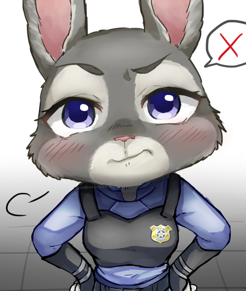 anthro badge blue_eyes blush breasts clothed clothing disney eyebrows eyelashes female frown fur grey_body grey_fur hi_res judy_hopps kemono kinokoningen lagomorph leporid looking_at_viewer mammal police police_uniform rabbit raised_eyebrow reaction_image solo speech_bubble uniform zootopia