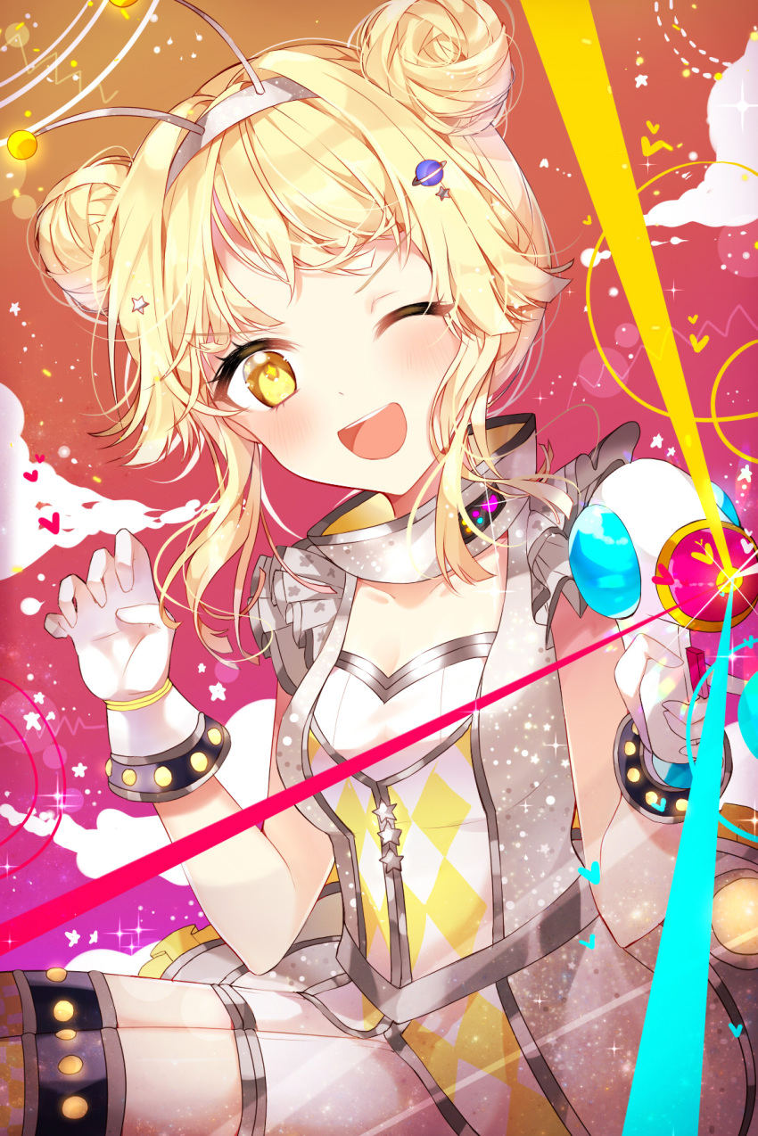 ;d alien_alien_(vocaloid) alternate_hairstyle antennae bang_dream! blonde_hair commentary_request double_bun dress energy_gun fake_antennae female frills gloves hair_bun hair_ornament hair_up hairband heart highres holding looking_at_viewer one_eye_closed open_mouth planet_hair_ornament ray_gun round_teeth sidelocks smile solo star_(symbol) star_hair_ornament taya_oco teeth tsurumaki_kokoro upper_teeth_only weapon