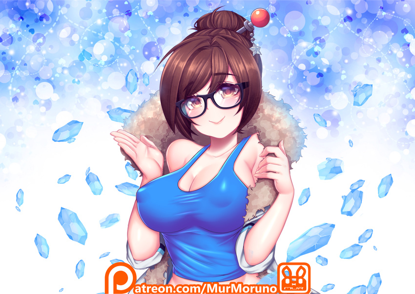 artist_name beads blue_shirt blush breasts brown_eyes brown_hair cleavage closed_mouth coat collarbone commentary_request covered_nipples female fingernails fur-trimmed_coat fur_coat fur_trim glasses hair_bun hair_ornament hair_stick hands_up highres ice korean_commentary large_breasts long_fingernails long_sleeves looking_at_viewer mei_(overwatch) murmoruno open_clothes open_coat overwatch overwatch_1 parka patreon_username pink_lips shirt short_hair single_hair_bun sleeveless sleeves_rolled_up smile snowflake_hair_ornament solo tank_top upper_body winter_clothes winter_coat