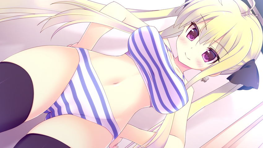 ahoge ass_visible_through_thighs black_thighhighs blonde_hair blush bra breasts collarbone covered_nipples dutch_angle eyes_visible_through_hair female from_below game_cg hair_between_eyes hands_on_own_hips highres kamijou_raika large_breasts long_hair navel panties purple_eyes shiratama_(shiratamaco) skindentation smile solo striped_bra striped_clothes striped_panties taut_clothes thighhighs underwear underwear_only very_long_hair zutto_sukishite_takusan_sukishite