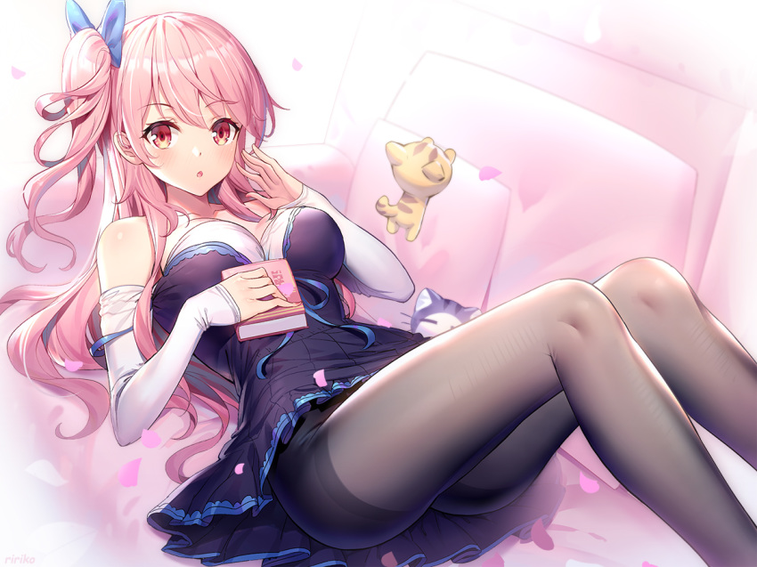 book bow long_hair original pink_eyes pink_hair ririko stockings