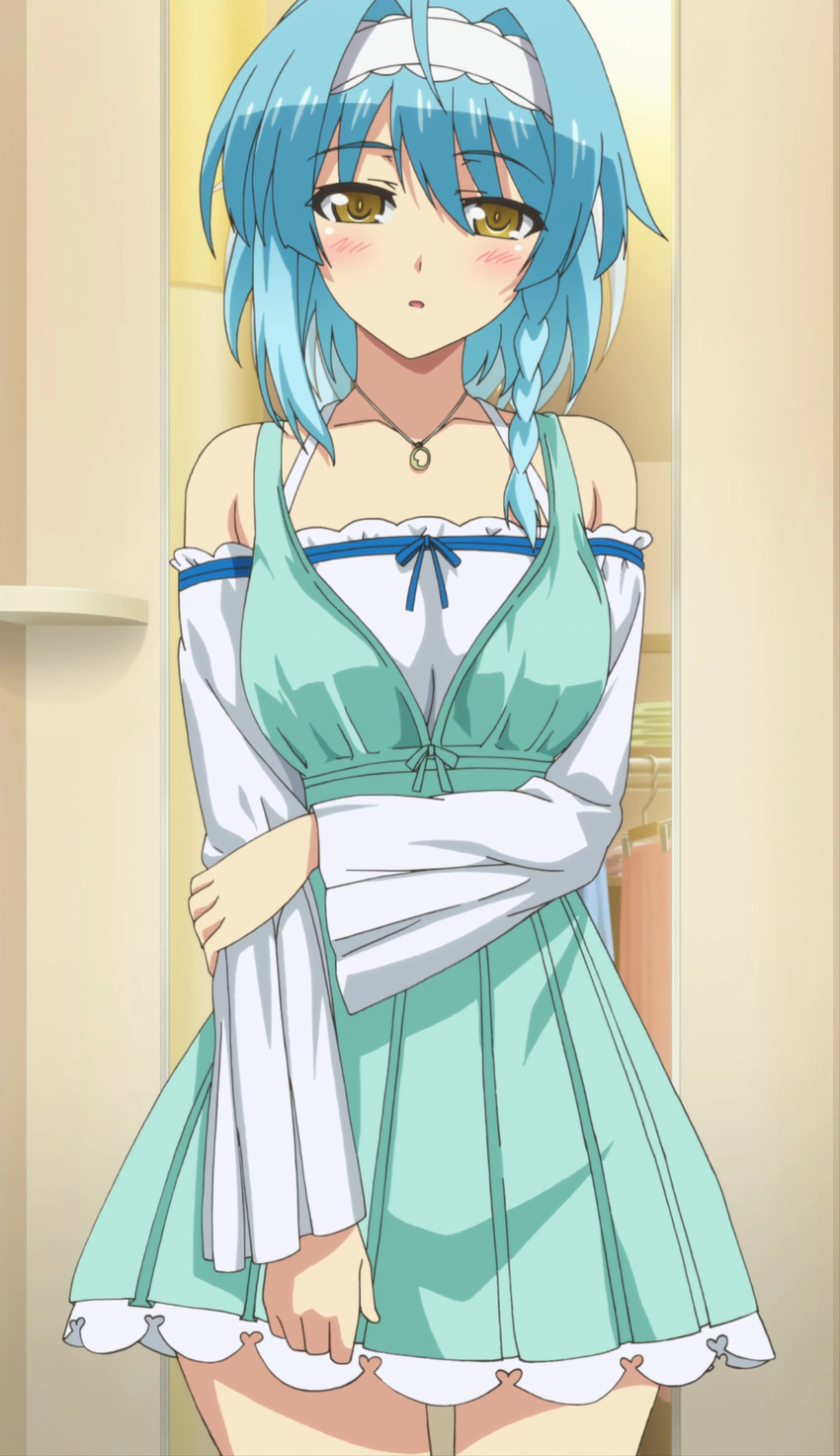 blue_hair female highres nonaka_yuki screencap shinmai_maou_no_testament solo standing stitched yellow_eyes