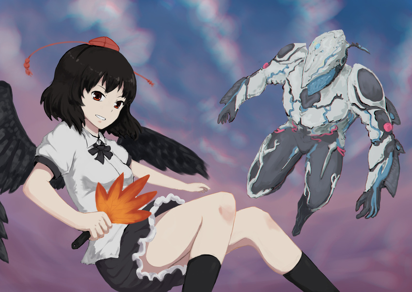 2girls bird_wings black_hair black_skirt black_wings cloud commentary_request crossover flying hand_fan hat hat_ribbon hauchiwa highres ikastep looking_at_viewer multiple_girls photoshop_(medium) pom_pom_(clothes) power_connection puffy_short_sleeves puffy_sleeves red_eyes ribbon shameimaru_aya shirt short_hair short_sleeves skirt sky smile socks tokin_hat touhou warframe white_shirt wings zephyr_(warframe)