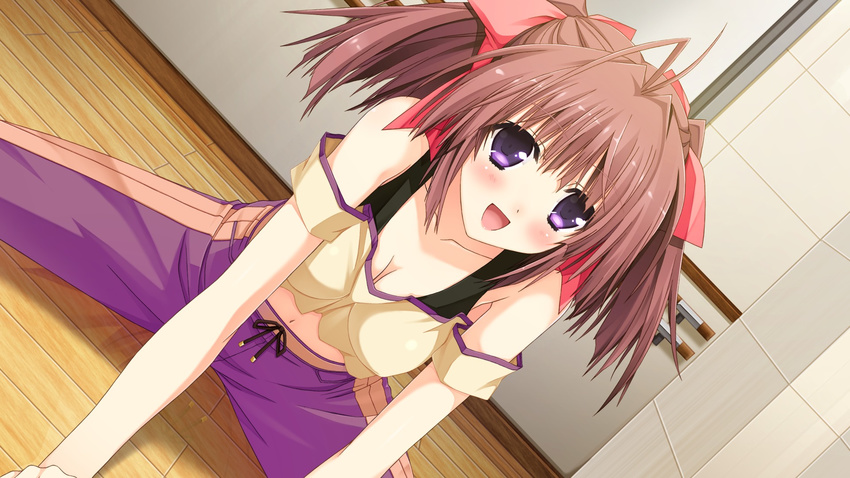 bare_shoulders berry's blush breasts brown_hair cleavage female game_cg hair_ornament happy highres izuno_youko kokonobi long_hair looking_at_viewer midriff purple_eyes sitting smile solo spread_legs twintails wooden_floor