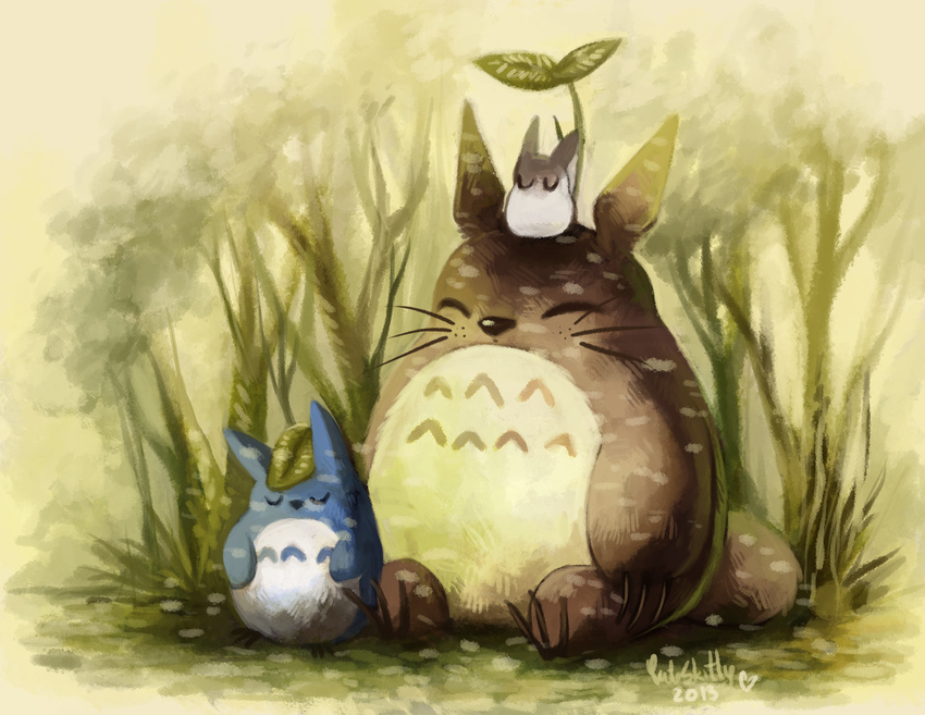 ambiguous_gender blue_body blue_fur brown_body brown_fur chibi_totoro chu_totoro closed_eyes cuteskitty detailed_background feral fur ghibli grass group hi_res my_neighbor_totoro outside plant sleeping tan_body tan_fur totoro tree whiskers white_body white_fur