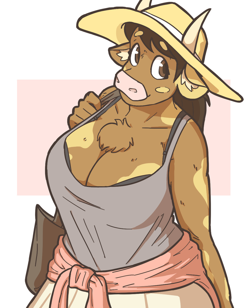 anthro big_breasts bovid bovine bra bra_peek breasts cattle chest_tuft cleavage clothed clothing dress european_mythology female furgonomics greek_mythology hat headgear headwear hi_res huge_breasts mammal minotaur molly_(slightlysimian) mythology shirt slightlysimian solo tank_top topwear tuft underwear