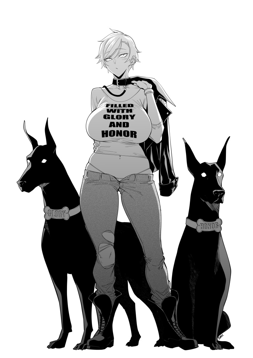 1girls canine dog_collar dog_leash fan_(f.w.zholic) fully_clothed implied_bestiality ripped_jeans tagme zoophilia