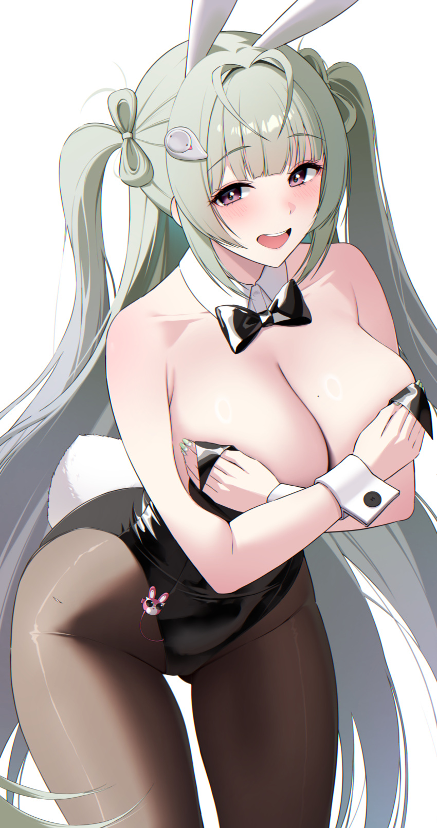 animal_ears antenna_hair black_bow black_bowtie black_leotard black_pantyhose bow bow-shaped_hair bowtie breasts commentary covering_breasts covering_privates crossed_arms fake_animal_ears fake_tail female goddess_of_victory:_nikke green_hair hands_on_own_chest highres huge_breasts leotard long_hair looking_at_viewer mole mole_on_breast official_alternate_costume open_mouth pantyhose playboy_bunny purple_eyes rabbit_ears rabbit_tail revision simple_background smile soda_(nikke) soda_(twinkling_bunny)_(nikke) solo tail teeth thighs two_side_up undersized_breast_cup upper_teeth_only very_long_hair white_background white_wrist_cuffs wrist_cuffs ziroqon