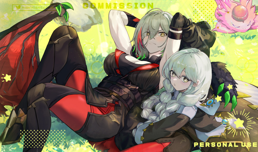 2girls astellar_of_the_white_forest black_dress black_pantyhose black_sleeves blush breasts brown_coat brown_eyes cleavage coat commentary_request commission detached_sleeves diabellstar_the_black_witch dress dual_persona duel_monster english_text green_hair grey_hair highres hsin large_breasts long_hair looking_at_viewer low_wings medium_hair multiple_girls pantyhose red_hair snake-eyes_poplar very_long_hair wide_sleeves wings yu-gi-oh!