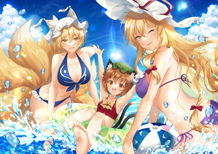 3girls \o/ adapted_costume animal_ears arms_up barefoot bikini breasts cat_ears cat_tail chen cleavage flat_chest happy highres innertube kirisita large_breasts multiple_girls nekomata outdoors outstretched_arms swim_ring swimsuit tail toes touhou yakumo_ran yakumo_yukari