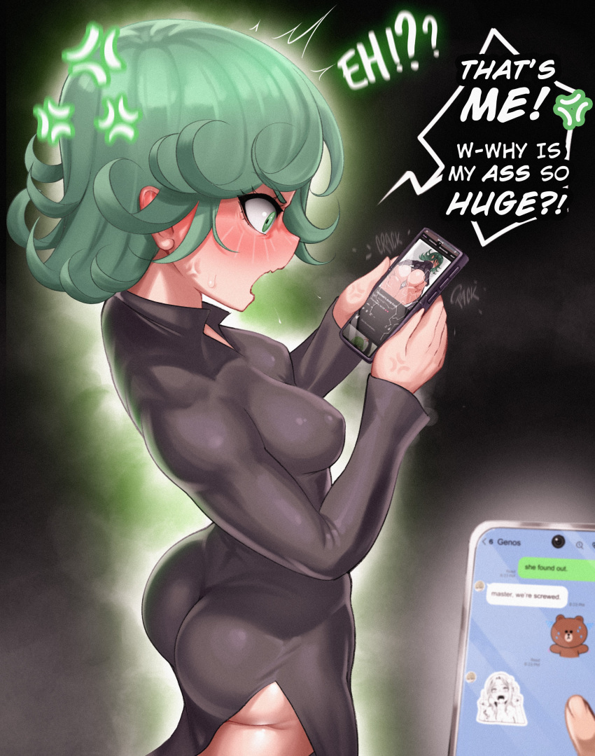 absurdres anger_vein angry ass black_dress blush breasts curly_hair dress embarrassed emoji fake_phone_screenshot fake_screenshot female genos green_eyes green_hair highres long_sleeves one-punch_man open_mouth panties saitama_(one-punch_man) short_hair small_breasts tatsumaki thighs underwear windmill_(artist)