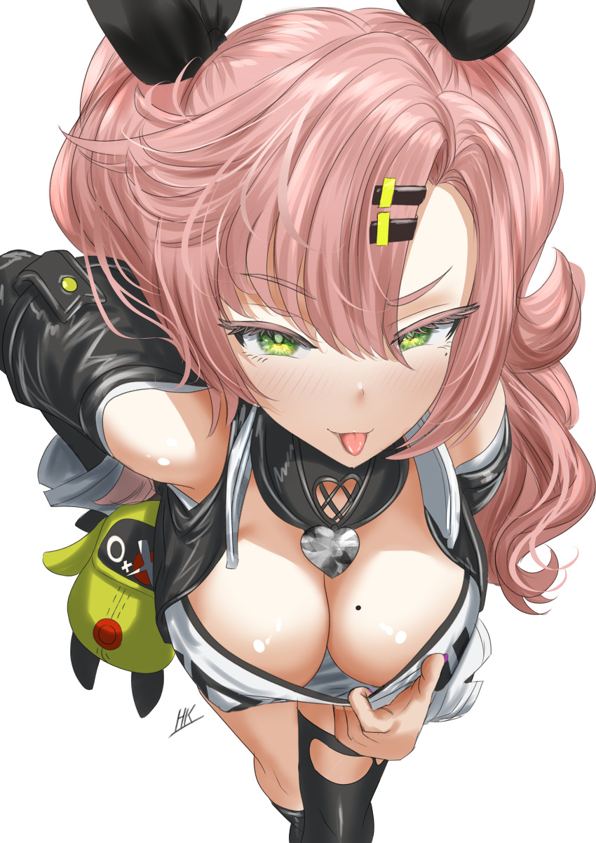 :p absurdres amillion_(zenless_zone_zero) bent_over blush breasts cleavage cowboy_shot female green_eyes highres kein_hasegawa large_breasts looking_at_viewer mole mole_on_breast mole_under_eye nicole_demara pink_eyes simple_background smile solo standing tongue tongue_out white_background zenless_zone_zero