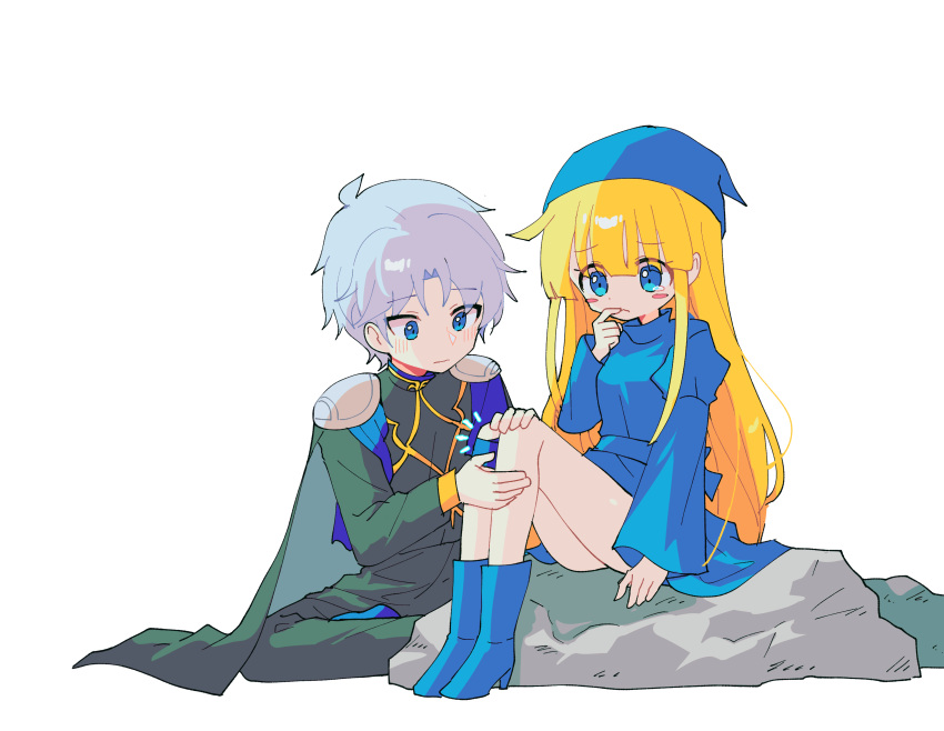 1boy absurdres blonde_hair blue_eyes blue_footwear blunt_bangs blush blush_stickers boots cape closed_mouth female grey_hair high_heel_boots high_heels highres indian_style long_hair long_sleeves offbeat puyopuyo rock schezo_wegey short_hair simple_background sitting white_background witch_(puyopuyo)