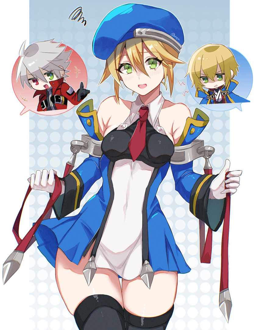 2boys beret black_thighhighs blazblue blonde_hair breasts detached_sleeves dress female gloves green_eyes hat highres impossible_clothes impossible_dress jin_kisaragi long_hair multiple_boys noel_vermillion ragna_the_bloodedge short_hair small_breasts thighhighs uniform weapon white_gloves yuyuhi_gm