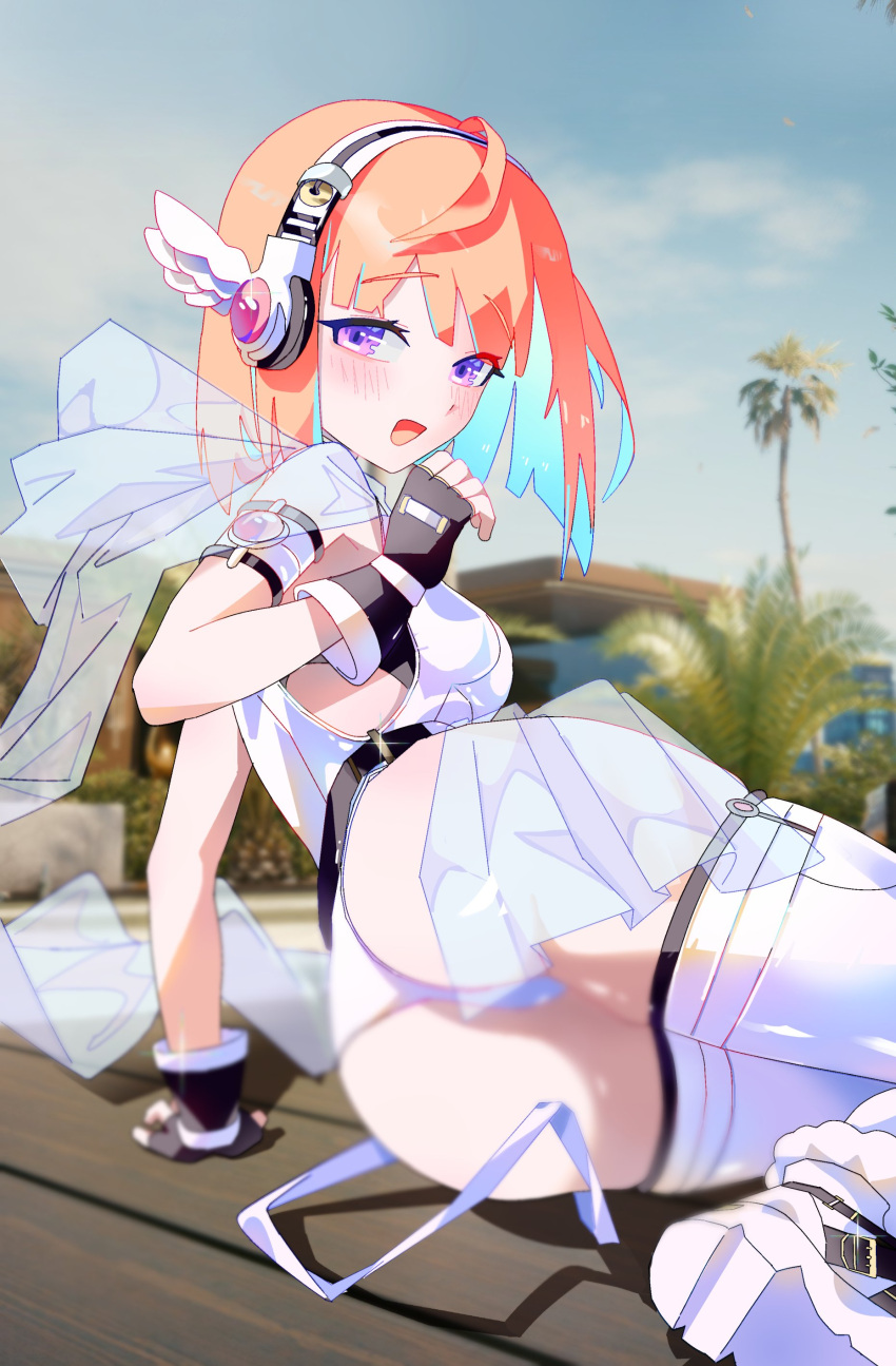 absurdres ahoge alternate_costume armpits ass blurry blush boots cape depth_of_field female fingerless_gloves gloves gurumie headphones highres hololive hololive_english looking_at_viewer looking_back orange_hair panties photo_background purple_eyes see-through_cape see-through_hood takanashi_kiara underwear virtual_youtuber white_footwear white_panties