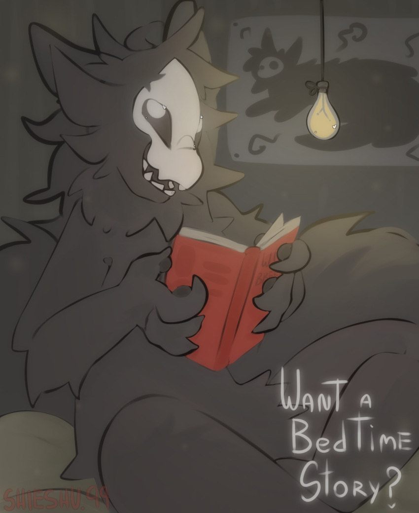 anthro bedtime bedtime_story black_body black_fur black_goo bone book canid canine canis changed_(video_game) fur goo_creature hi_res holding_object lamp looking_at_viewer male mammal mask puro_(changed) shieshuqqq sitting skull skull_head skull_mask smile solo wolf