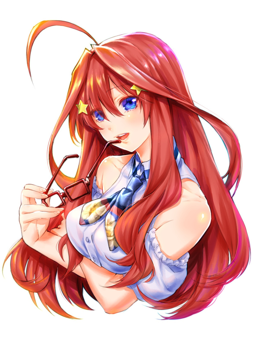 ahoge bare_shoulders blue_eyes blue_necktie blue_shirt clothing_cutout collared_shirt cropped_torso eyewear_in_mouth female frilled_shirt frills go-toubun_no_hanayome hair_ornament highres long_hair looking_at_viewer mouth_hold nakano_itsuki necktie open_mouth print_necktie rectangular_eyewear red-framed_eyewear red_hair shirt shoulder_cutout simple_background solo star_(symbol) star_hair_ornament teeth upper_body upper_teeth_only white_background yu_(flowerbird3830)