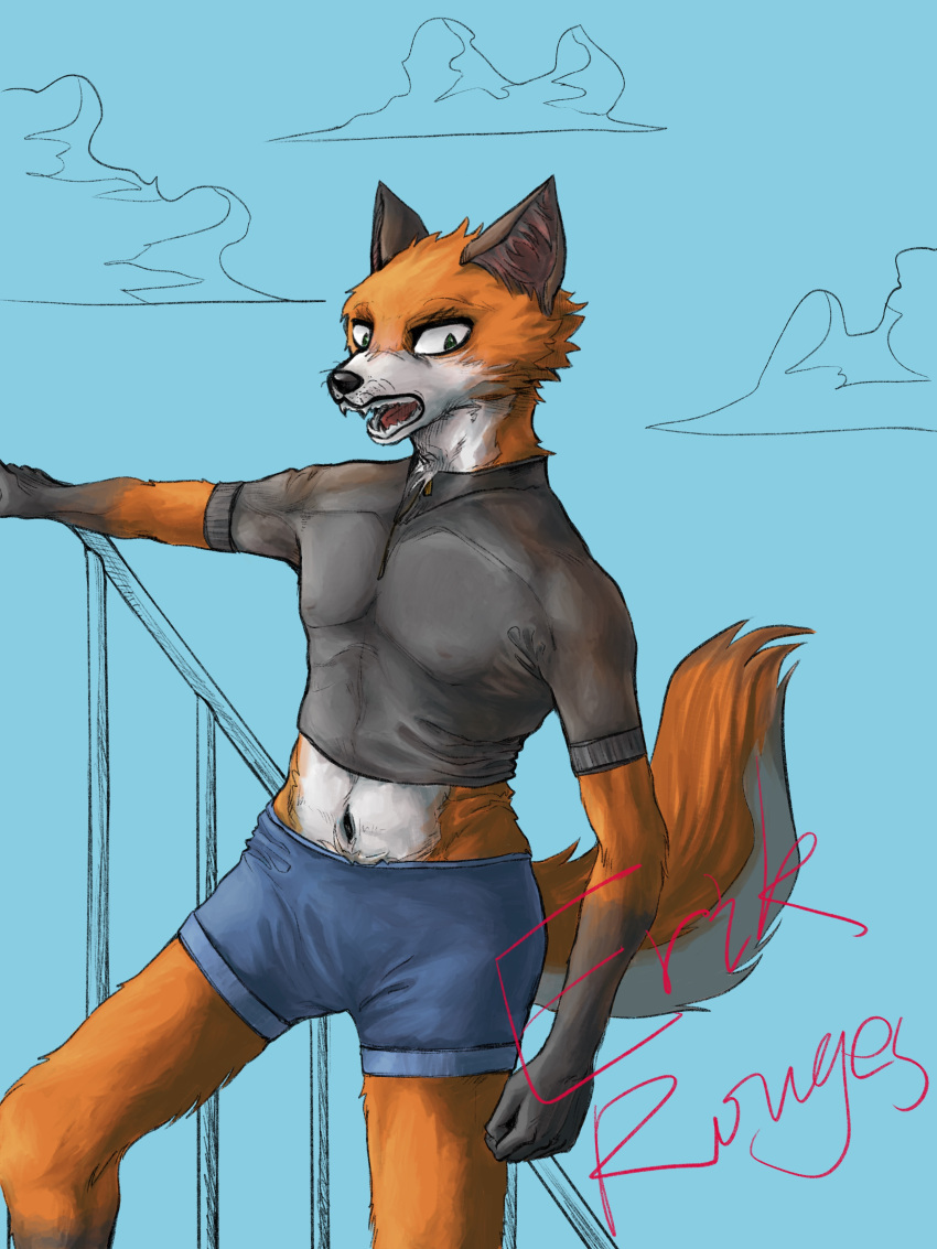 absurd_res bottomwear canid canine clothing erik_rouges_(artist) erik_rouges_(character) fox hi_res holding_railing male mammal navel open_mouth presenting shorts solo tail