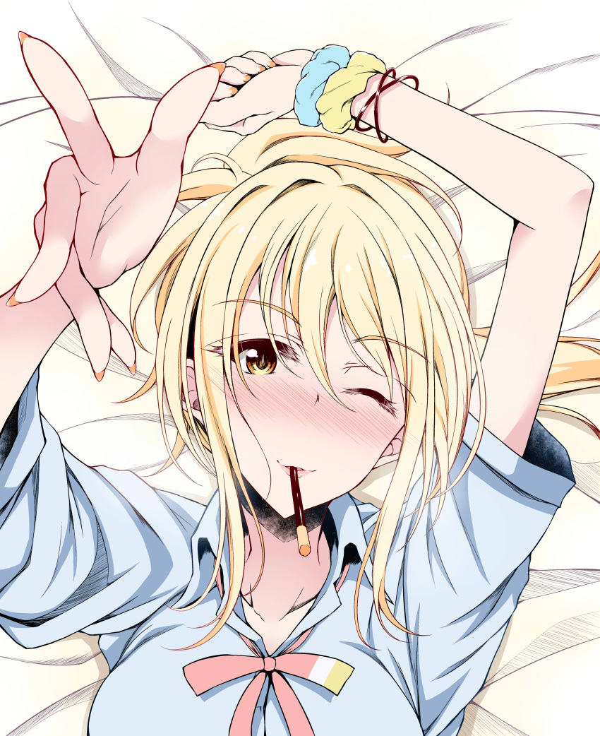 absurdres blonde_hair bracelet female food fukunaga_yukito gyaru highres jewelry love_live! love_live!_nijigasaki_high_school_idol_club lying medium_hair miyashita_ai nijigasaki_school_uniform orange_eyes orange_nails outstretched_arm pocky school_uniform scrunchie short_ponytail sidelocks solo wrist_scrunchie yellow_eyes