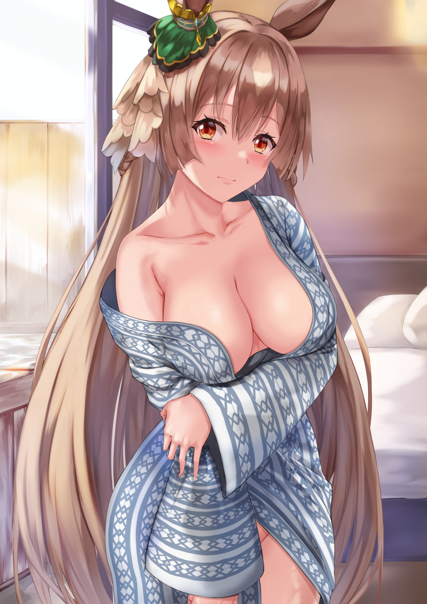 absurdres animal_ears blush breasts brown_hair cleavage closed_mouth collarbone commentary_request ear_ornament female hair_ornament hand_on_own_arm highres horse_ears horse_girl indoors japanese_clothes kimono long_hair long_sleeves looking_at_viewer naked_kimono off_shoulder red_eyes satono_diamond_(umamusume) solo standing uchida_shou umamusume very_long_hair wide_sleeves