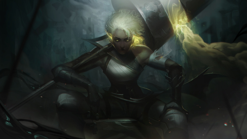 absurdres bare_shoulders black_gloves black_pants breasts closed_mouth commentary dark-skinned_female dark_skin earrings elbow_gloves english_commentary female gloves glowing glowing_eyes grey_hair highres holding holding_polearm holding_weapon jewelry lance league_of_legends legs_apart looking_at_viewer medium_breasts pants polearm rell_(league_of_legends) sentinel_(league_of_legends) short_hair sitting solo vincent_t_(oriaarts) weapon