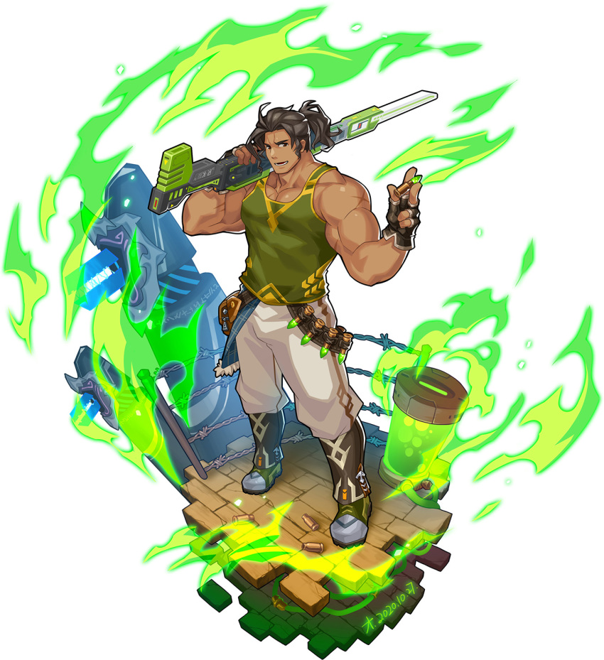 1boy bara bare_arms bare_shoulders biceps black_hair dragalia_lost fingerless_gloves full_body gloves green_tank_top highres large_pectorals long_hair looking_at_viewer lrpanda00 male_focus muscular muscular_male over_shoulder pectorals ranzal_(dragalia_lost) sideburns simple_background solo tank_top thick_thighs thighs tied_hair weapon weapon_over_shoulder white_background