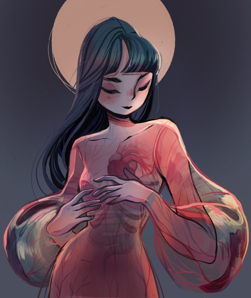 blue_hair closed_eyes colored_veins commentary english_commentary feefal female full_moon heart_(organ) highres hime_cut intestines large_intestine long_hair membrane moon organs original ribs see-through see-through_sleeves sinister solo veins