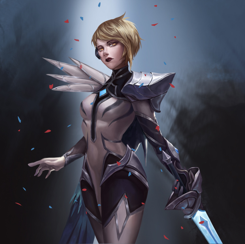 absurdres armor black_background black_bodysuit black_gloves black_legwear black_lips blonde_hair bodysuit chinese_commentary closed_mouth clothing_request commentary_request confetti cowboy_shot esports_cosmetic female fiora_(league_of_legends) gloves gradient_background half-closed_eyes highres holding holding_weapon ig_fiora lan_xiezi league_of_legends looking_at_viewer official_alternate_costume partial_commentary rapier short_hair shoulder_armor solo sword weapon