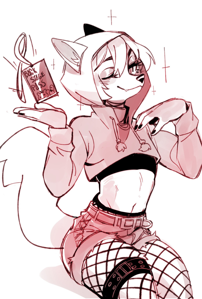 anthro avoid_posting bottomwear canid canine card clothing colored_nails crop_top eyelashes femboy fishnet_clothing fishnet_legwear fox hair hi_res hotpants legwear looking_at_viewer male mammal nails navel one_eye_closed shirt shorts sitting smile smiling_at_viewer solo sparkles topwear wink winking_at_viewer yuurikin