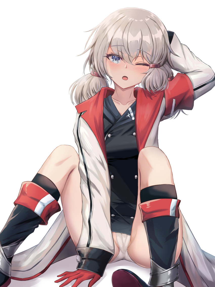 arm_behind_head arm_up azur_lane between_legs black_dress black_footwear blue_eyes blush boots breasts commentary_request commission denver_(azur_lane) dress female gloves grey_hair habu_rin hair_between_eyes hand_between_legs highres jacket knees_up long_hair long_sleeves low_twintails medium_breasts one_eye_closed open_clothes open_jacket open_mouth panties red_gloves simple_background sitting skeb_commission sleeves_past_wrists solo twintails underwear white_background white_jacket white_panties