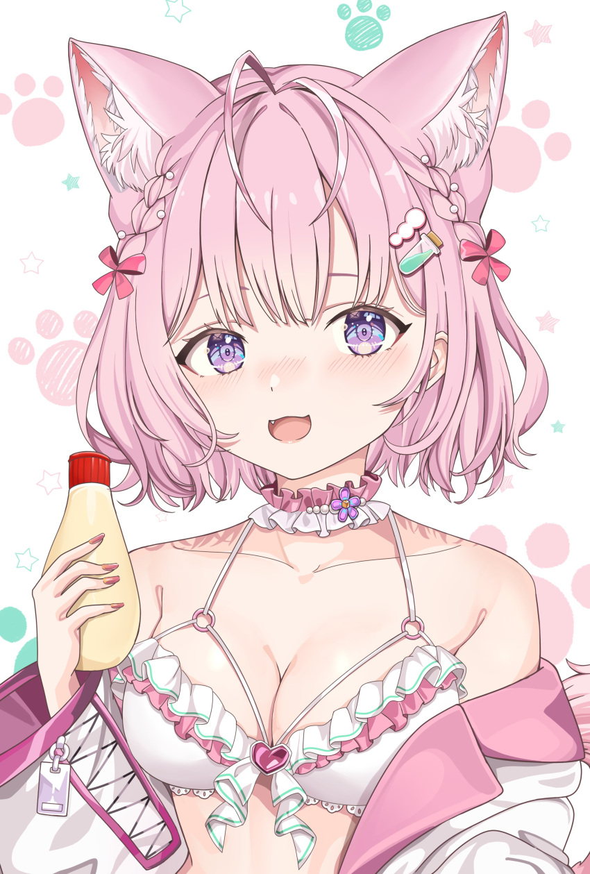 absurdres animal_ears breasts choker cleavage extra_ears female flower_collar frilled_choker frills green_hood hakui_koyori hakui_koyori_(summer) heart_bikini highres hololive kyabetsu_ningen large_breasts light_blush light_smile looking_at_viewer mayonnaise_bottle oerba_yun_fang paw_print paw_print_background pearl_choker pink_nails pink_tail short_hair solo two-tone_choker virtual_youtuber white_choker wolf_ears wolf_girl