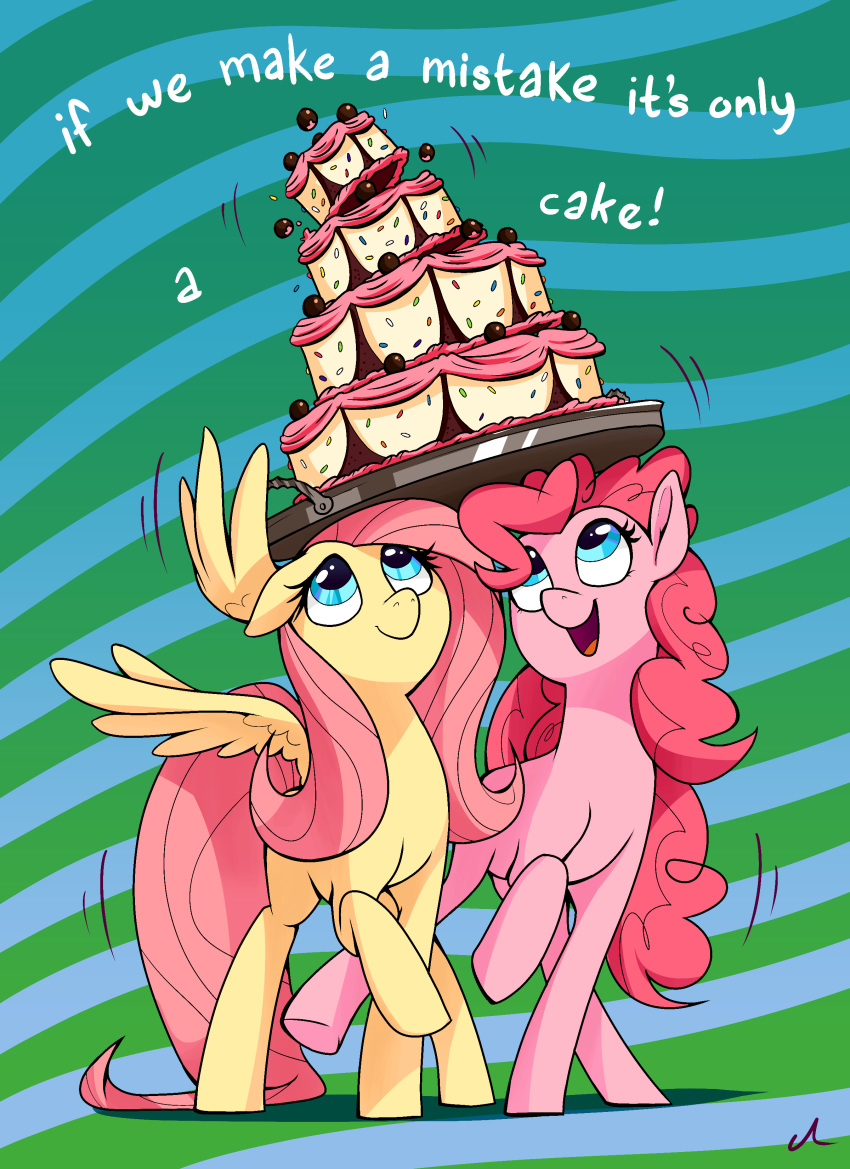 2020 absurd_res blue_eyes cake dessert dialogue docwario duo english_text equid equine female feral fluttershy_(mlp) food friendship_is_magic hasbro hi_res horse mammal my_little_pony mythological_creature mythological_equine mythology pegasus pinkie_pie_(mlp) pony text wings