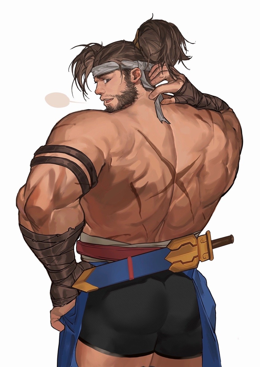 1boy ass back back_focus bad_id bad_weibo_id bandaged_arm bandages bara beard black_male_underwear boxers brown_hair character_request copyright_request cross_scar facial_hair feet_out_of_frame from_behind headband highres kuroshima_kurishiro_(muyi24108414) looking_at_viewer looking_back male_focus male_underwear mature_male medium_hair muscular muscular_male no_pants pelvic_curtain ponytail scar scar_on_back smile solo sword sword_behind_back thighs topless_male underwear weapon