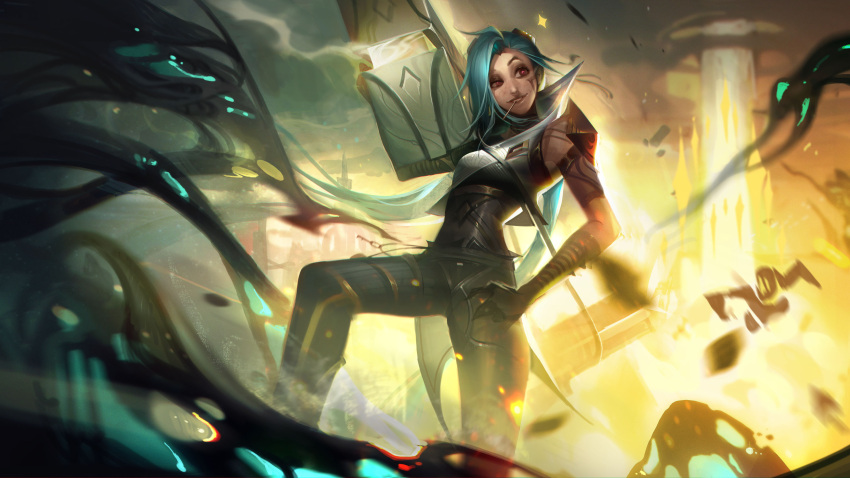 1other absurdres alternate_costume armor black_pants breasts contrapposto explosion female green_hair hand_on_own_hip highres holding holding_weapon jinx_(league_of_legends) league_of_legends long_hair mouth_hold outdoors pants parted_lips sentinel_(league_of_legends) shoulder_armor small_breasts smile solo_focus standing striped_clothes striped_pants teeth twintails vincent_t_(oriaarts) weapon