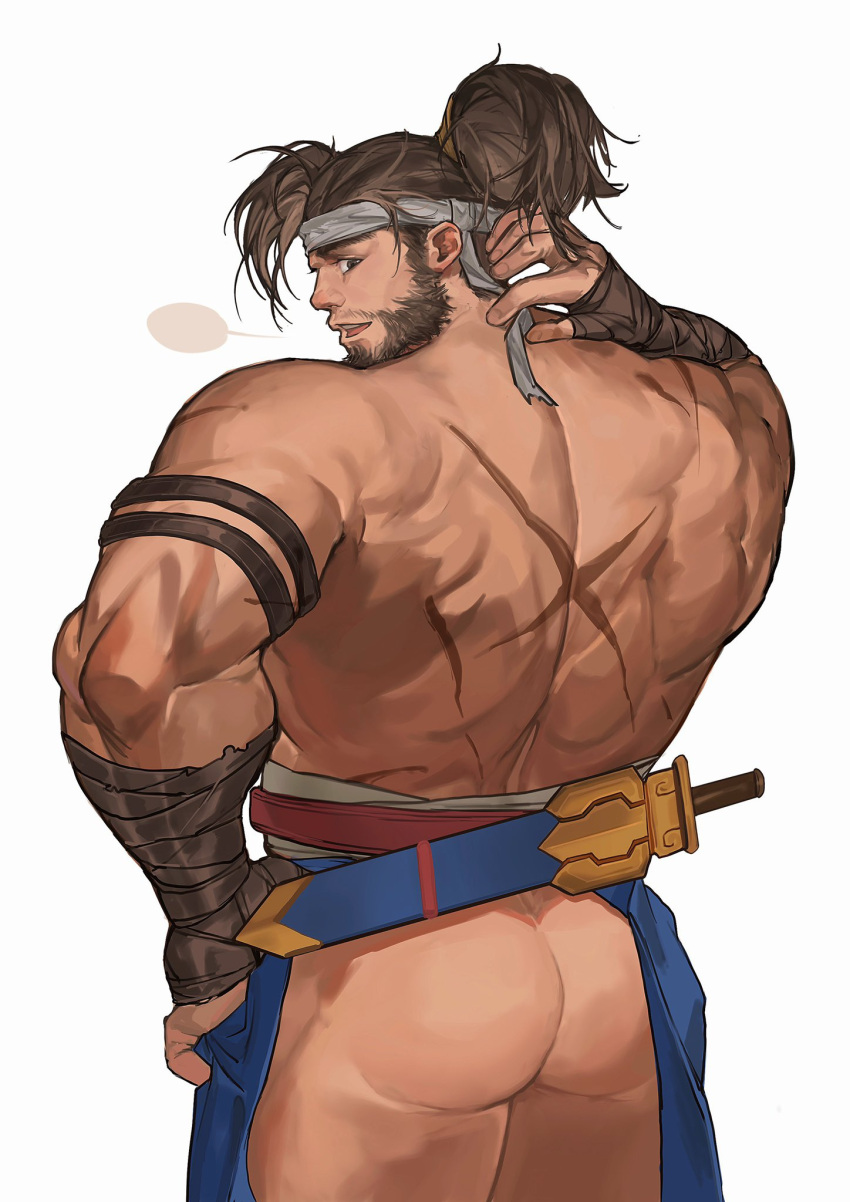 1boy ass back back_focus bad_id bad_twitter_id bandaged_arm bandages bara beard brown_hair character_request copyright_request cross_scar facial_hair feet_out_of_frame from_behind headband highres kuroshima_kurishiro_(muyi24108414) looking_at_viewer looking_back male_focus mature_male medium_hair muscular muscular_male no_pants pelvic_curtain ponytail scar scar_on_back smile solo sword sword_behind_back thighs topless_male weapon