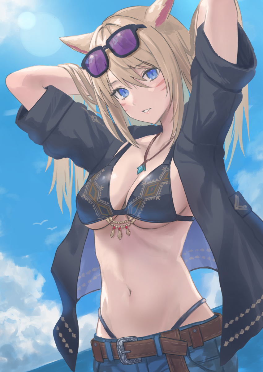 absurdres animal_ears arms_up belt bikini black-framed_eyewear black_bikini black_shirt blonde_hair blue_eyes blue_sky breasts brown_belt cat_ears cat_girl cleavage cloud commentary commission day denim enporion eyewear_on_head facial_mark female final_fantasy final_fantasy_xiv hair_between_eyes hands_in_hair highres jewelry large_breasts lens_flare long_hair miqo'te navel necklace open_clothes open_shirt original outdoors shirt short_sleeves skeb_commission sky smile solo stomach sunglasses swimsuit swimsuit_under_clothes underboob warrior_of_light_(ff14) whisker_markings