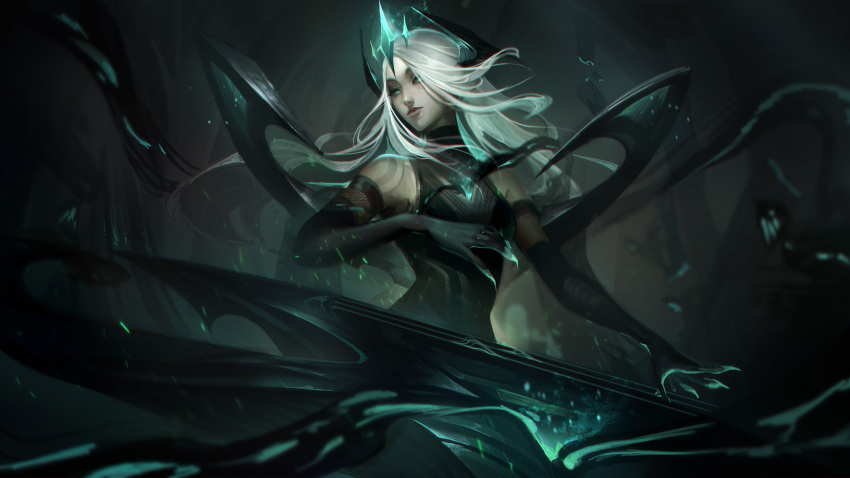 absurdres alternate_costume bare_shoulders black_dress breasts closed_mouth commentary dress elbow_gloves english_commentary female gloves grey_hair hair_ornament highres instrument keyboard_(instrument) league_of_legends long_hair medium_breasts ruined_(league_of_legends) smile solo sona_(league_of_legends) vincent_t_(oriaarts)