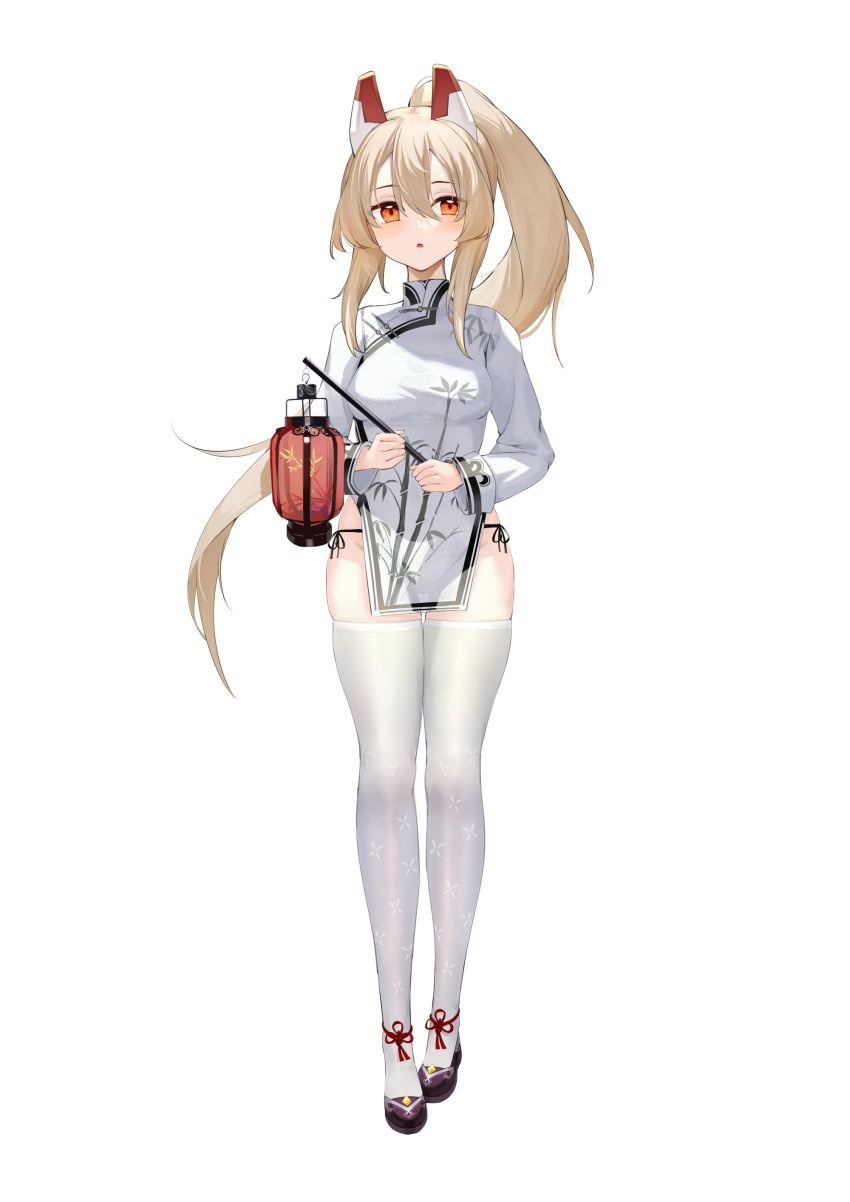 absurdres alternate_costume ankle_strap ayanami_(azur_lane) azur_lane black_footwear chinese_clothes commentary_request female full_body headgear highres lantern legs long_hair looking_at_viewer ootsuki_momiji orange_eyes panties ponytail side-tie_panties skindentation solo standing thighhighs thighs underwear white_background white_hair white_thighhighs